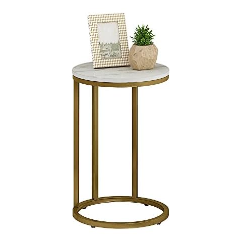 Function Home 16 Inch C-Shaped Round Side Table, Contemporary End Table with Faux White Marble Wood Top and Gold Metal Base,Sofa Accent Table, for Living Room Bedroom Small Space Cover