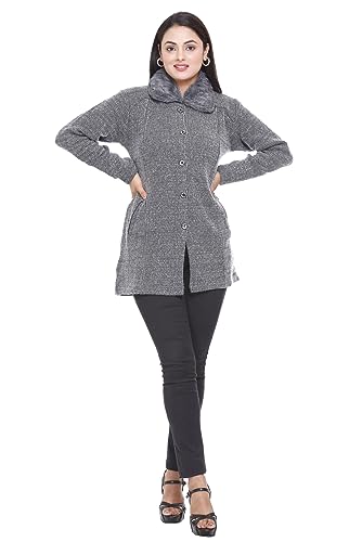 Image of Women Woolen Buttoned Fur Collar Neck Stylish Party Winter Wear Coat Cardigan Sweater