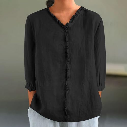 linen shirts for women ruffle splicing tops 34 length sleeve summer tops vacation tops outfits boho beach tee shirts