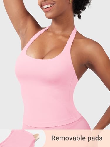 Image of YEOREO SoftHue Women's Impact Halter Tank Top Longline Backless Scoop Neck Built-in Bra Sports Workout Gym Crop Top
