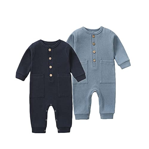 Image of BeiVSlley Newborn Baby Boy Girl 2 Pack Button Solid Romper Infant Long sleeve Knit Cotton Footless Outfits Clothes