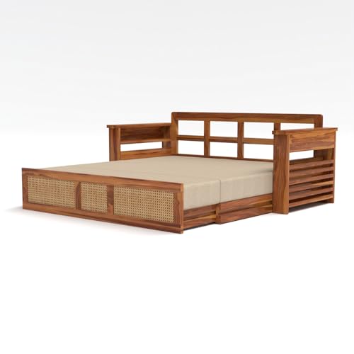 Image of Kunjal Furniture Solid Sheesham Wood Sofa Cum Bed with Storage for Living Room | Natural Finish | 3-Seater Convertible Sofa Bed | Handmade Wooden Furniture (Natural, Modern)