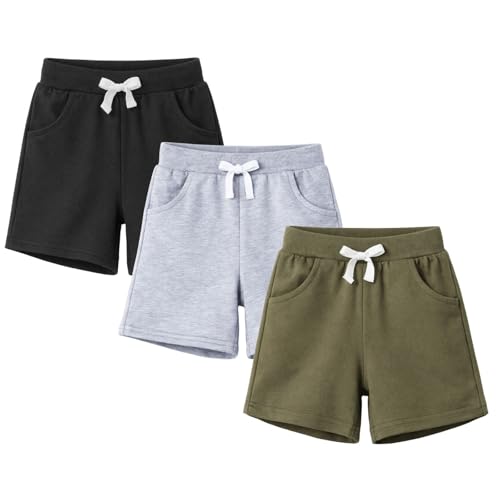 Image of HILEELANG Boys Sweat Shorts 3 Pack, French Terry Cotton Pull On Shorts with Pockets for Toddler Little Boys 2-7Y