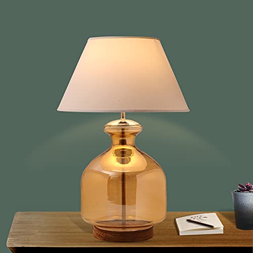 Image of Alper Amber Luster Glass Table Lamp with White Cotton Shade | Modern Designer Bedside & Living Room Decorative Table Light (Bulb Included)