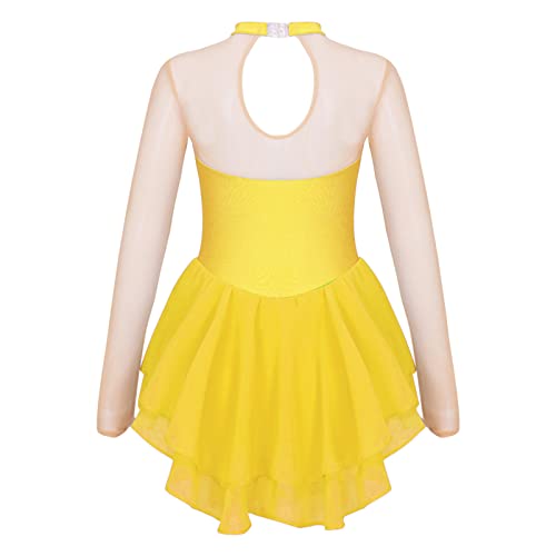 Chictry Ice Figure Skating Dress Girls Competition Long Sleeve Gymnastics Costume Ballet Dance Leotard Dress Yellow 6 Years #TOP1