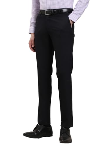 Image of Turtle Men's 4-Way Stretch Slim Fit Formal Trousers | Flat Front Checkered Navy Blue Office Pants | Comfortable Business Wear for Men