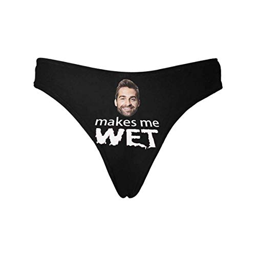 Custom Women's Funny Face Makes Me Wet Black Thong G-Strings Briefs Shorts Underpants Printed With Photo L #TOP4