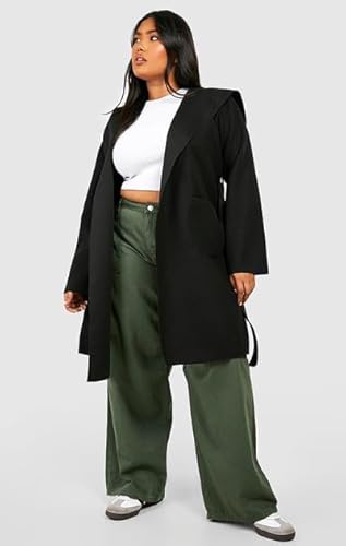 Women's Long Hooded Wool Look, Black Belted Overcoat, Classic Double-Breasted Design with Pockets, Winter Outerwear (XL)