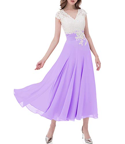 Women's Ivory Lace Top Chiffon Button V-Neck Bridesmaid Dresses with Cap Sleeves Mother of The Bride Dresses (Custom Made, Lilac)