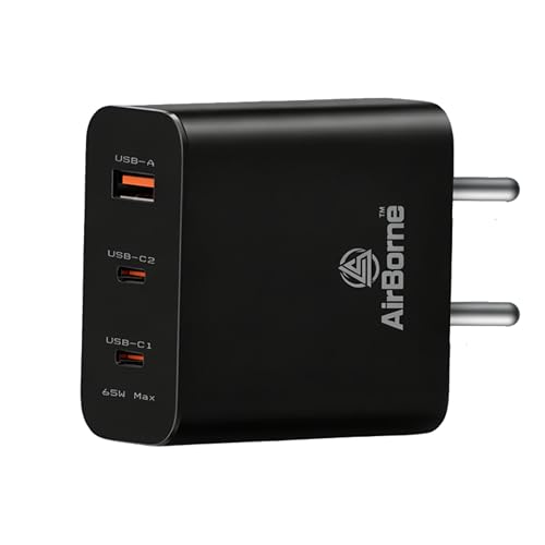 Image of 65W Triple Port GaN Charger, USB & Type C Fast Charging Adapter for iPhone 17 /16 /15 /14 /13 /12 /11 (Pro,Pro Max,Plus), iPad, Google Pixel, Samsung & All Type C Devices BIS Certified (Black)