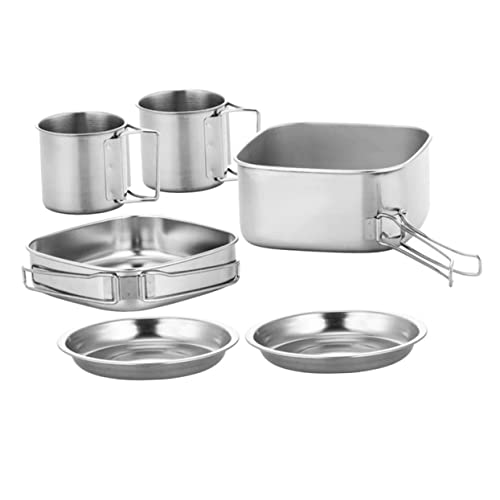 Toddmomy 1set Portable Camping Cookware Lightweight Stainless Steel Cooking Pan Handles Includes Frying Pan Stew Pot Cups and Plates for Outdoor Cooking and Picnics