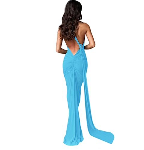 Image of Suillty Women's Sexy Oblique Shoulder Backless Maxi Dress Ruched Back Strap Sleeveless Party Club Long Dresses Bodycon Blue