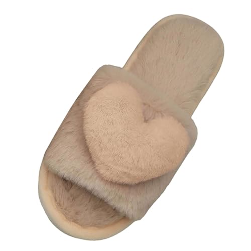 Indoor Slippers For Women Cute Heart Pattern Slides Soft Fuzzy Faux Fur Open Toe Slippers Indoor Slip-On Home Shoes