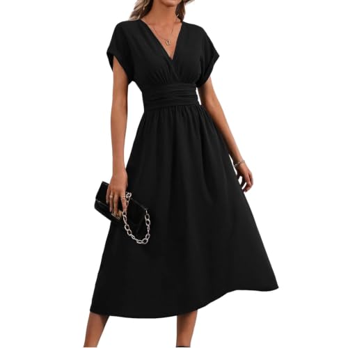 Robe longue élégante plissée en couleur solide et son col V sophistiqué