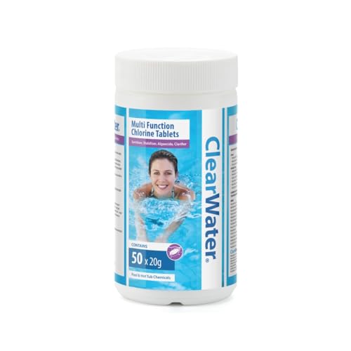 Clearwater 1 kg Multifunction Chlorine Tablets, 4-in-1 Dispenser Tablets (Sanitiser, Stabiliser, Algaecide and Clarifier) for Pools and Hot Tubs, 50 x 20 g, White