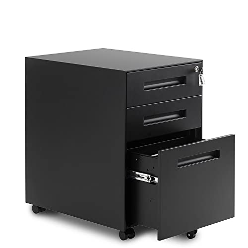 3 Drawer Mobile File Cabinet Filing Pedestal with Keys, Fully Assembled Except Casters,Metal Solid-Black