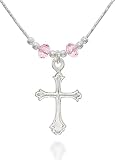 Stera Jewelry Girl's 925 Silver Necklace Ornate Cross Pendant with Light Rose Crystals, 16" + 4" Ext