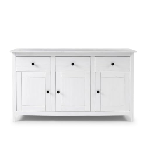 PEGANE Buffet à 3 tiroirs et 3 Portes Meuble de Rangement Coloris Blanc - Longueur 134 x Profondeur 40 x Hauteur 79 cm