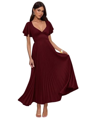 Women’s Short Sleeves Bridesmaid Dresses for Women Midi Satin Pleated Formal Dresses