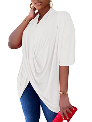 Lyaner Women's Wrap V Neck Ruched Short Sleeve Split Slit Hem Blouse Shirt Tunic Tops White X-Large #TOP2
