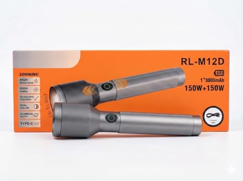 RL-M12D 150W+150W Rechargeable Long Range LED Torch | 3000mAh Metal Flashlight | Warm & Cold Light | Type-C Charging