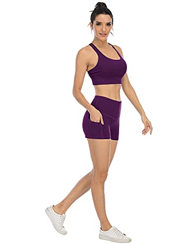 Chrleisure 4 Packs Spandex Yoga Shorts With Pockets For Women, High Waisted Workout Booty Shorts (Black,Purple,Brown,Cassis, L) #TOP3