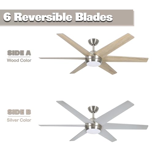 Image of hykolity 54 inch Indoor Modern Ceiling Fan with Integrated LED Lights and Remote Control, 6 Blades, 6 Speed, Dimmable, 3CCT, Quiet Reversible Motor Ceiling Fan, Brushed Nickel