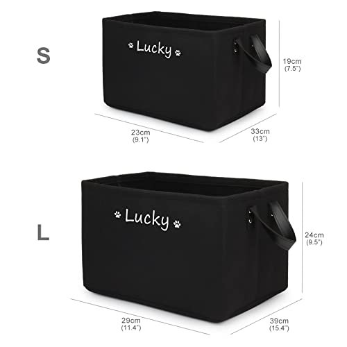 Personalisierte Hundespielzeug Aufbewahrungsbox mit Namen, Faltbar Aufbewahrungskorb mit Ledergriffen, Filz spielzeugkiste für die Organisation von Lebensmittel Kleidung und Haustierzubehör(Schwarz)