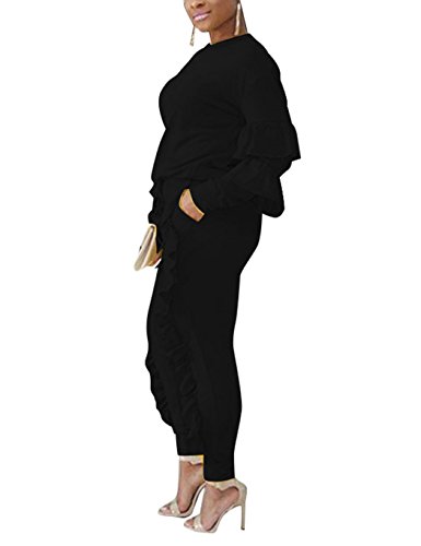 KANSOON Women 2 Pieces Outfits Puff Sleeve Top and Long Flounced Pants Sweatsuits Set Tracksuits2