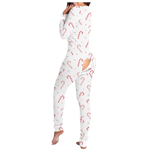 Villagepageme Womens Sexy Deep V Neck Bodycon Jumpsuit Butt Flap Pajamas Long Sleeve Romper Overall Sleepwear (White Candy Cane M)