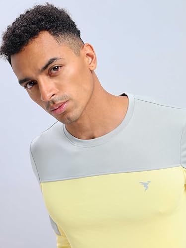 Image of TECHNOSPORT Men Colorblock Slim Fit Round Neck T-Shirt with TECHNOCOOL+ (Light Blue) Gym Tee Dry Fit T Shirt for Men Sports Top for Him