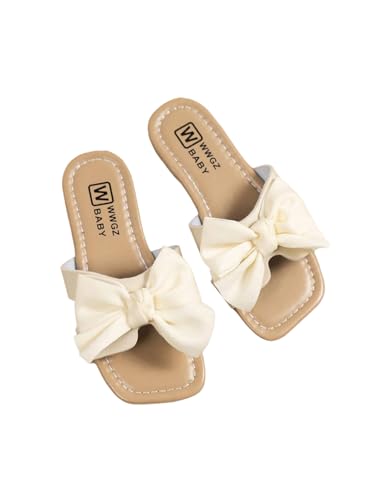 OYOANGLE Girl's Cute Bowknot Square Open Toe Slide Sandals Summer Leather Slippers
