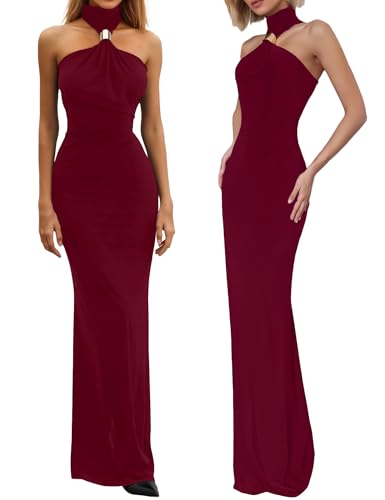 Women’s Party Maxi Dress Metal Knots Off Shoulder Turtleneck Sleeveless Night Club Evening Bodycon Dress