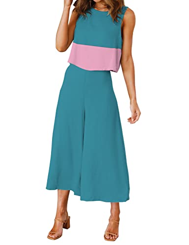 Roylamp Women's Summer 2 Piece Outfits Crop Top Cropped Wide Leg Pants Set Business Petite Jumpsuits Contrast Blue L #TOP1