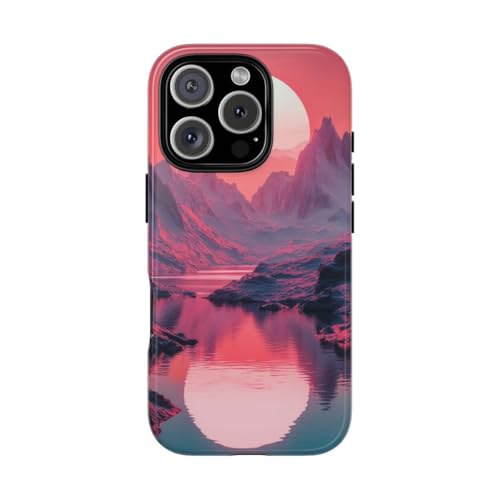 Coque rigide iPhone 16 Pro brillante antichoc motif rivière de montagne et coucher de soleil