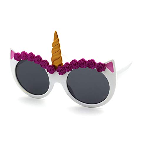 Girls Child Size Flower Trim Unicorn Kitty Ear Plastic Round Sunglasses2