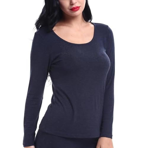 Women's Ultra Thin Scoop&Crew Neck Undershirt Long-Sleeve Thermal Underwear Shirt Top Medium Navy Blue