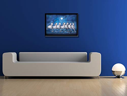 LIFEHAXTORE ® Xtore Seven Lucky Running Vastu Horses Art Framed Painting (Ocean Blue, 12 Inch x 18 Inch)