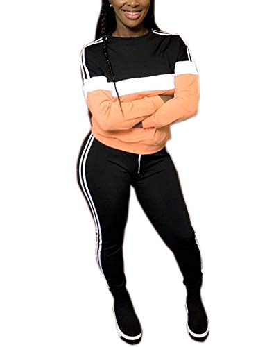 Women's Color Block 2 Piece Outfits,Long Sleeve Sweatshirt Tops and Sweatpants Tracksuit Set