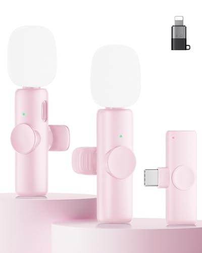 CZOCPOS Micro Cravate sans Fil pour Phone, Pad et Android, Lot de 2 Mini Microphone sans Fil avec Réduction de Bruit, Plug & Play, Idéal pour Vidéo/Interview/Podcast/Youtube/TikTok/Vlog,Rose