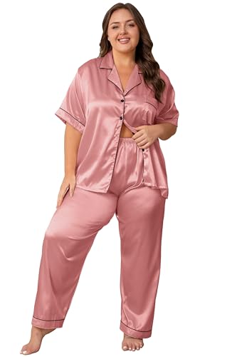 Image of Vozanet Women's Button Down Satin Pajama Sets Silky Short Sleeve Top & Pants Plus Size Loungewear Classic Sleepwear XL to 5XL