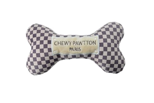 Everything Chic Dog Toy Plush Designer Dog Luxury Toys with Interactive Squeaker Stimulating Pet Enrichment Bone Puppy Checkered Doggie Birthday Gift Boy Girl Soft Chew (Chewypawtton, Large)