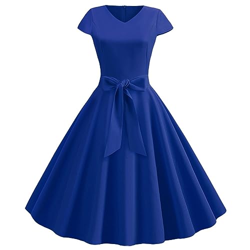 Vestidos para mujer, vintage, rockabilly, retro, talla grande, vestidos de verano acampanados para mujer, color sólido, cuello en V, vestidos de invitada de boda para mujer, vestidos largos para