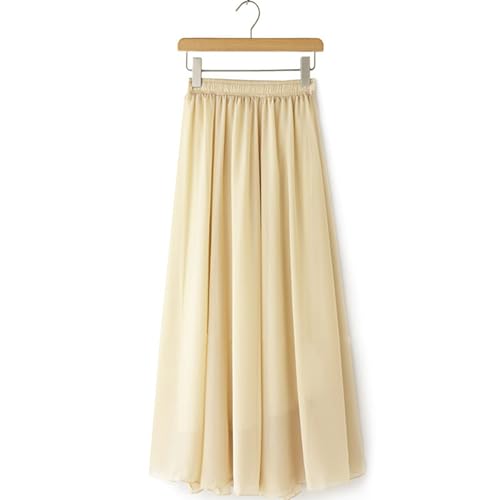 Women Elastic Waistband Pleated Chiffons Long Skirt Elegant Solid Color High Waist A Line Flared Beach Flowy Skirts4