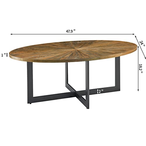 Solid Wood Oval Coffee Table With Metal Legs, 47.9” Industrial Sofa Cocktail Table For Living Room Center Table For Kitchen, Office Easy Assembly, Rustic Brown Kfz1831 #TOP3