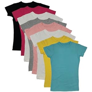 MISS POPULAR Girls’ 8-Pack Super Soft Polycotton Short Sleeve Crew Neck T Shirts, Assorted Color Solid Tees