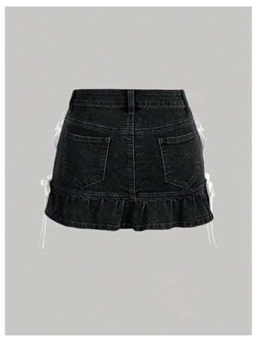 OYOANGLE Women's Bowknot Mini Denim Skirt Y2K Mid Waist Ruffle Hem Jean Skirts with Pocket2