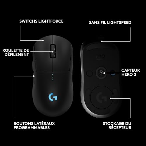 Logitech G PRO 2 Lightspeed, souris de gaming sans fil, pour droitier ou gaucher, maximum de 4 boutons latéraux magnétiques personnalisables et commutables, capteur 44K DPI, recharge USB-C, PC/Mac - N