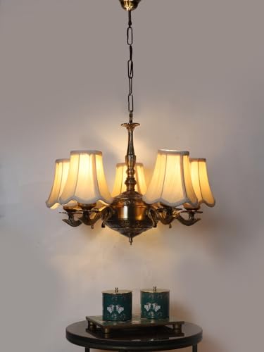 Image of Devansh 05 Lights Off-White Vintage Cotton Shade with Antique Golden Chandelier -L