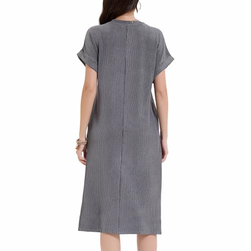 Image of Womens Casual T Shirt Dress Summer Fall Crewneck Loose Fit Side Split Knee Length Dress Ribbed Pattern with Pockets